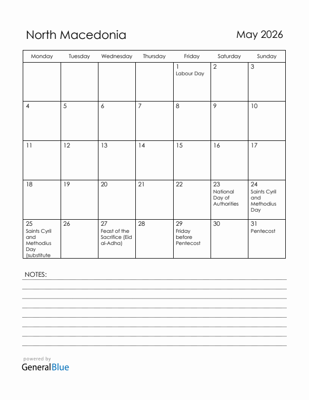 May 2026 North Macedonia Calendar with Holidays (Monday Start)