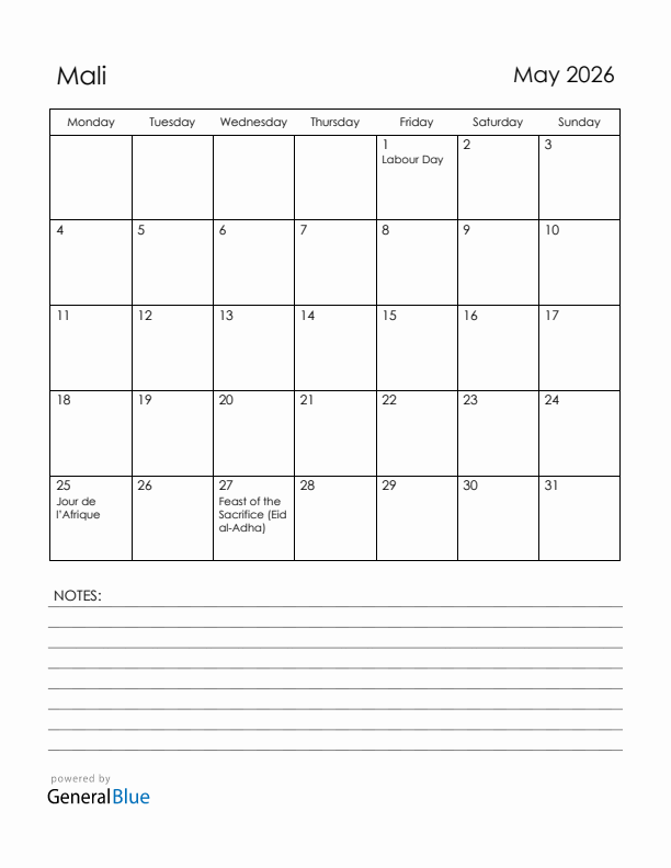 May 2026 Mali Calendar with Holidays (Monday Start)