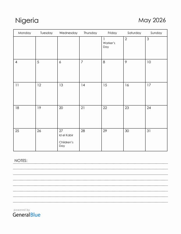 May 2026 Nigeria Calendar with Holidays (Monday Start)