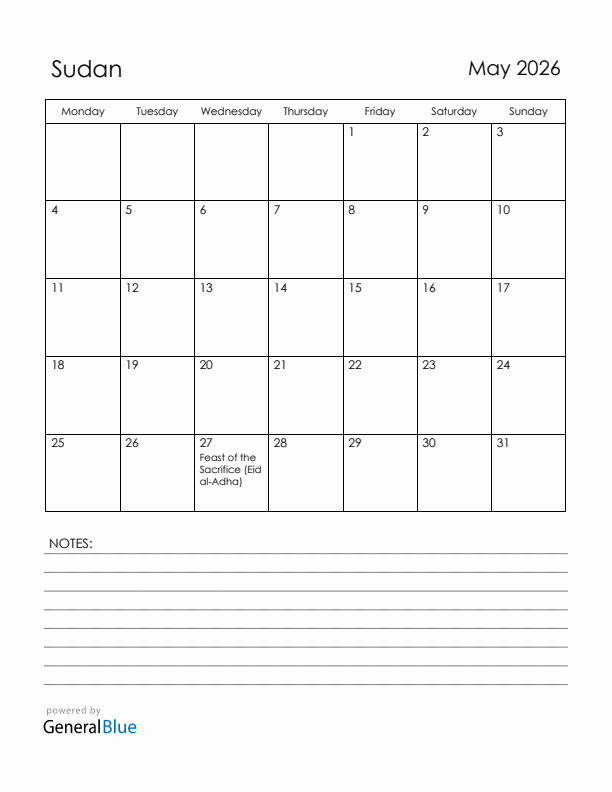 May 2026 Sudan Calendar with Holidays (Monday Start)