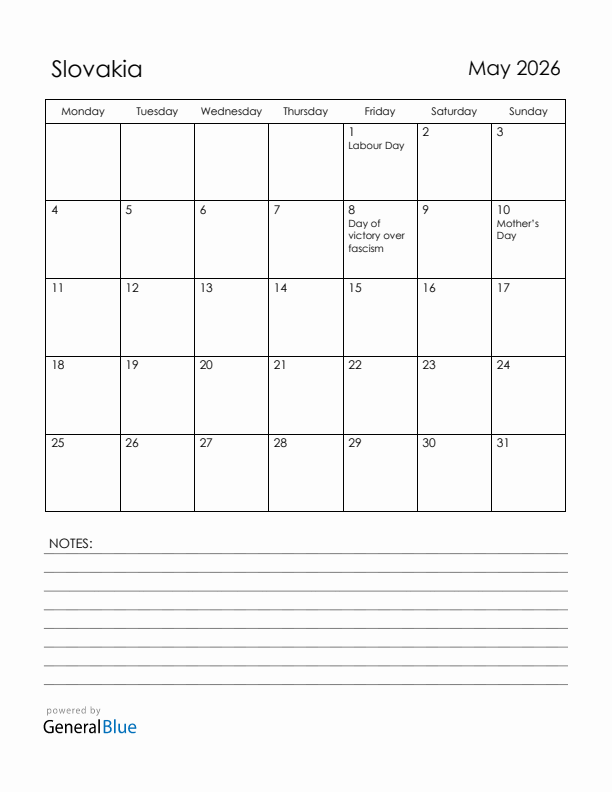 May 2026 Slovakia Calendar with Holidays (Monday Start)