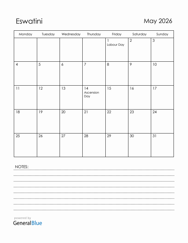May 2026 Eswatini Calendar with Holidays (Monday Start)