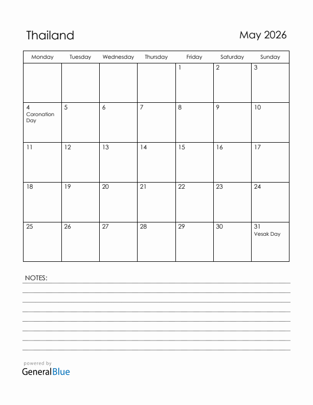 May 2026 Thailand Calendar with Holidays (Monday Start)