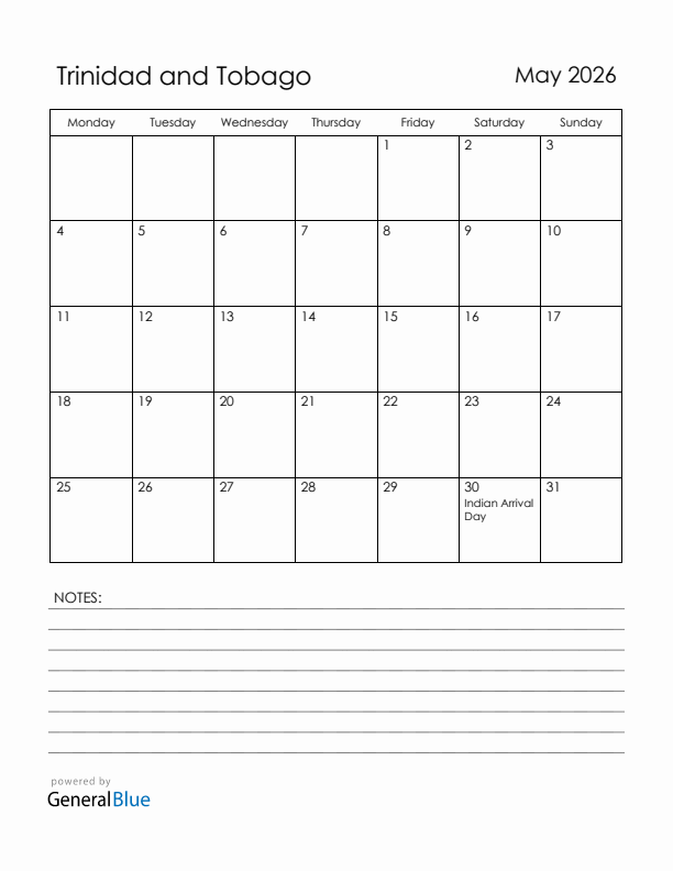 May 2026 Trinidad and Tobago Calendar with Holidays (Monday Start)