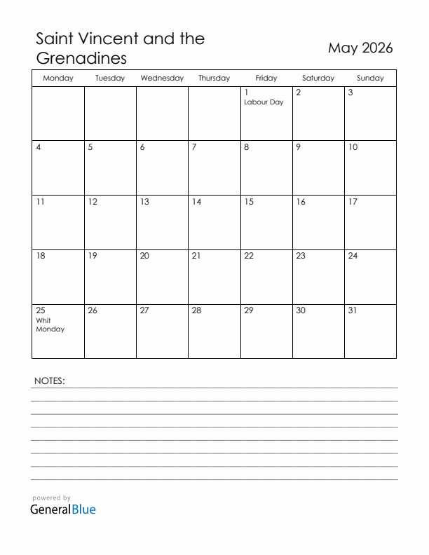 May 2026 Saint Vincent and the Grenadines Calendar with Holidays (Monday Start)