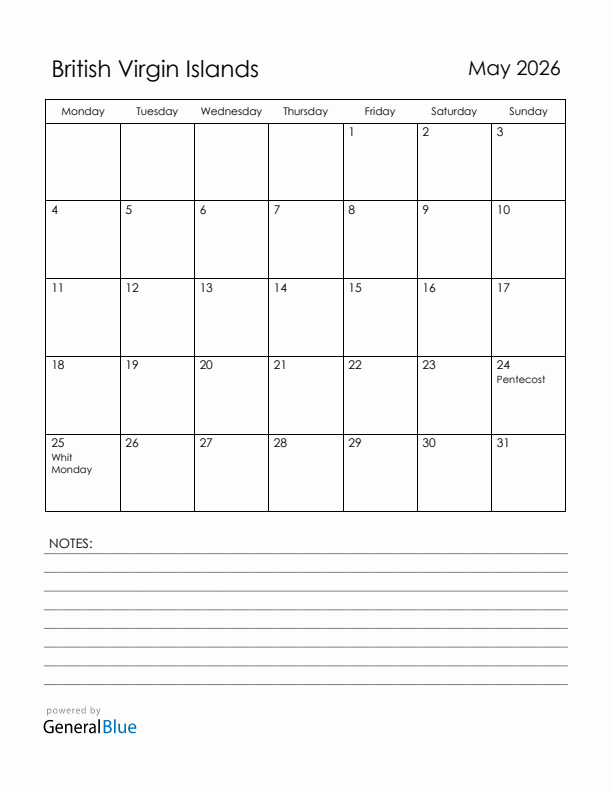 May 2026 British Virgin Islands Calendar with Holidays (Monday Start)