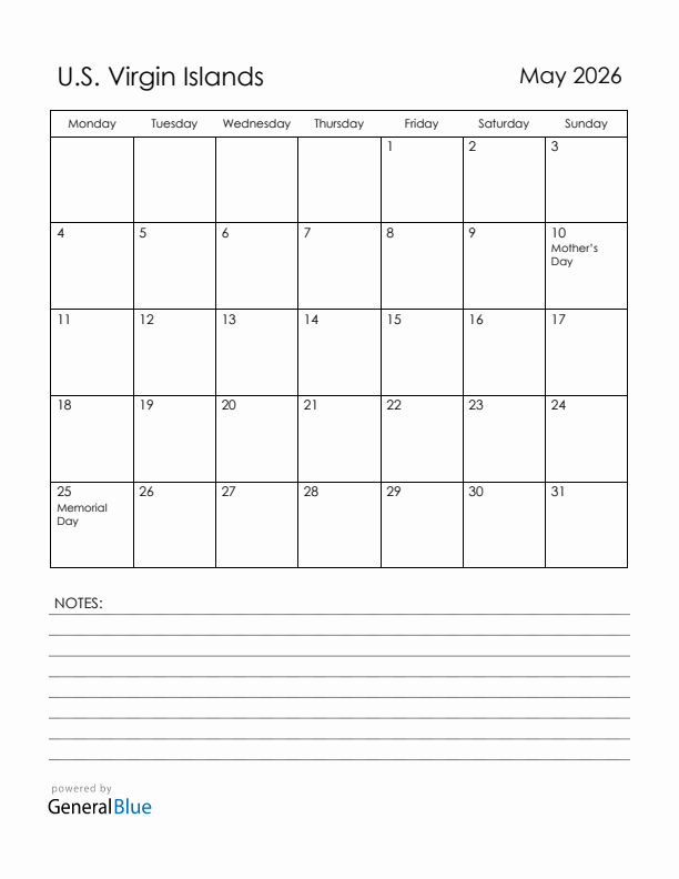 May 2026 U.S. Virgin Islands Calendar with Holidays (Monday Start)