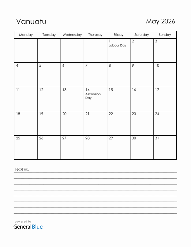 May 2026 Vanuatu Calendar with Holidays (Monday Start)
