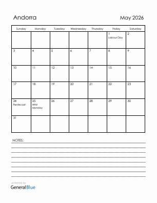 Current month calendar with Andorra holidays for May 2026