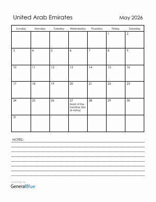 Current month calendar with United Arab Emirates holidays for May 2026