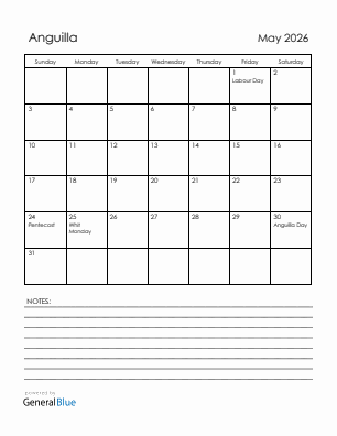 Current month calendar with Anguilla holidays for May 2026