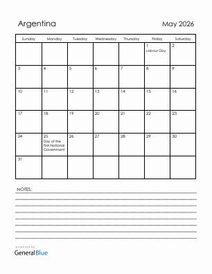 Current month calendar with Argentina holidays for May 2026
