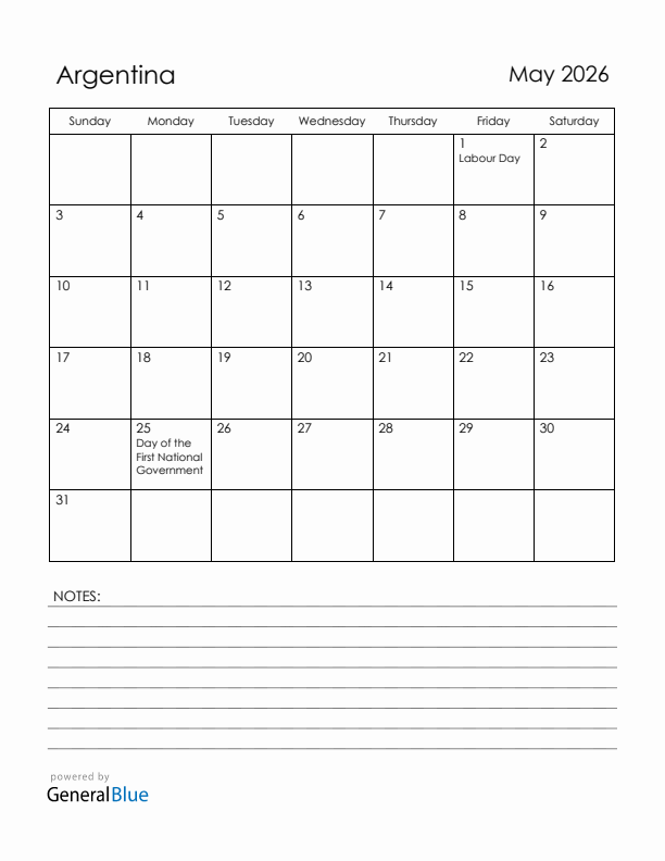 May 2026 Argentina Calendar with Holidays (Sunday Start)