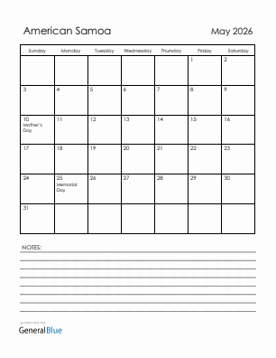 Current month calendar with American Samoa holidays for May 2026