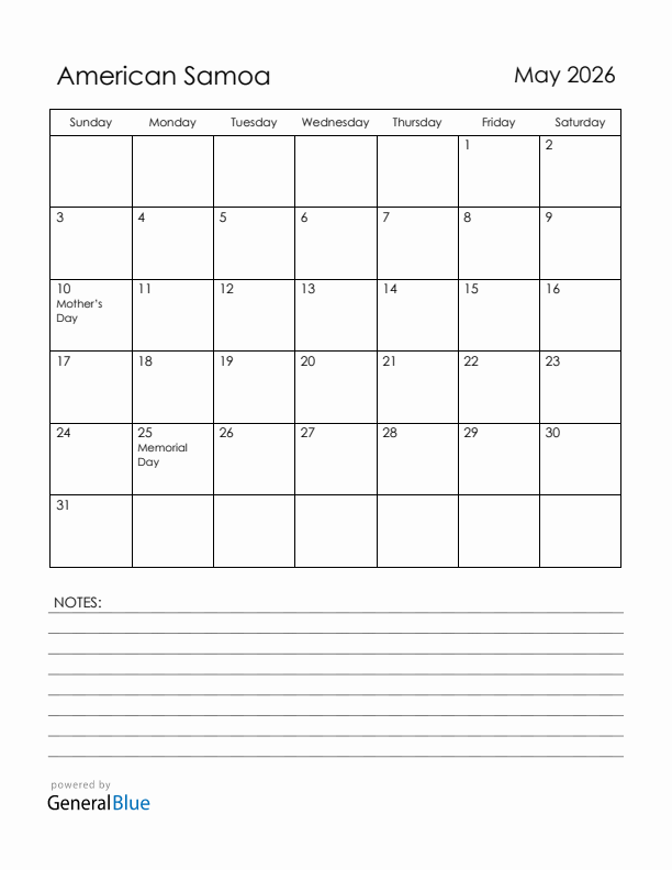 May 2026 American Samoa Calendar with Holidays (Sunday Start)