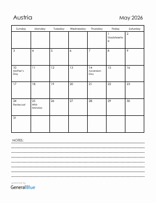 Current month calendar with Austria holidays for May 2026
