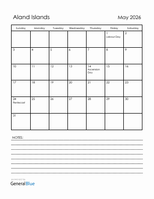 Current month calendar with Aland Islands holidays for May 2026