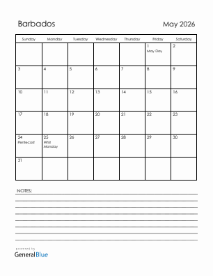 Current month calendar with Barbados holidays for May 2026