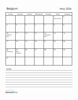 Current month calendar with Belgium holidays for May 2026
