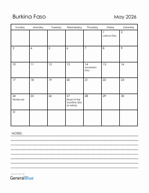 Current month calendar with Burkina Faso holidays for May 2026