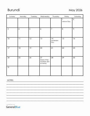 Current month calendar with Burundi holidays for May 2026