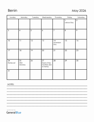 Current month calendar with Benin holidays for May 2026