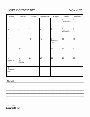 Current month calendar with Saint Barthelemy holidays for May 2026