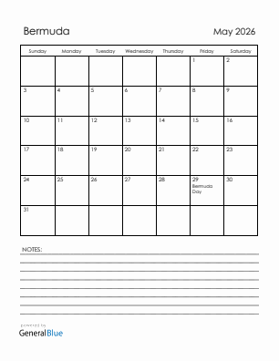 Current month calendar with Bermuda holidays for May 2026