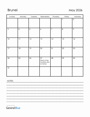 Current month calendar with Brunei holidays for May 2026