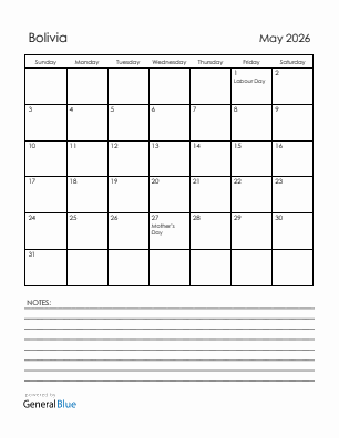 Current month calendar with Bolivia holidays for May 2026