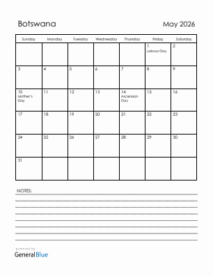 Current month calendar with Botswana holidays for May 2026