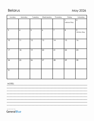 Current month calendar with Belarus holidays for May 2026