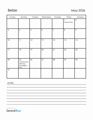 Current month calendar with Belize holidays for May 2026