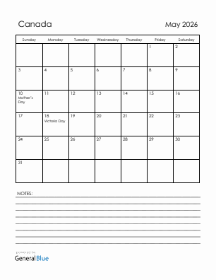 Current month calendar with Canada holidays for May 2026