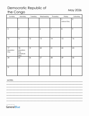 Current month calendar with Democratic Republic of the Congo holidays for May 2026