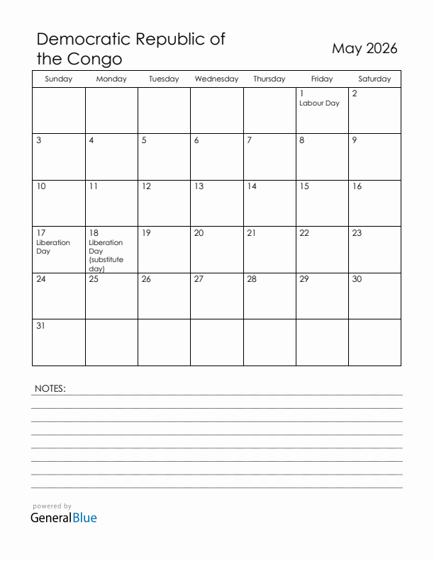 May 2026 Democratic Republic of the Congo Calendar with Holidays (Sunday Start)