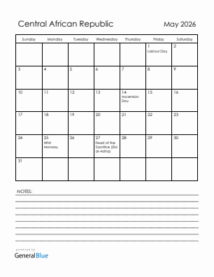 Current month calendar with Central African Republic holidays for May 2026