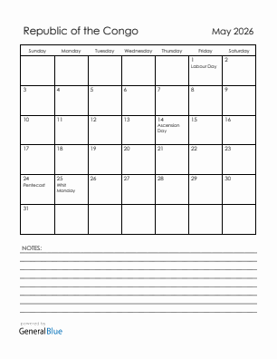 Current month calendar with Republic of the Congo holidays for May 2026