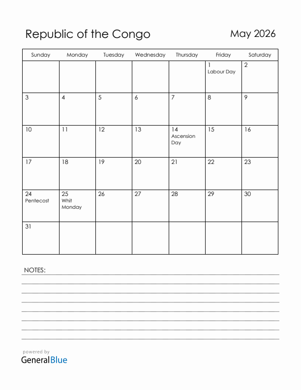 May 2026 Republic of the Congo Calendar with Holidays (Sunday Start)