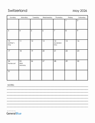 Current month calendar with Switzerland holidays for May 2026