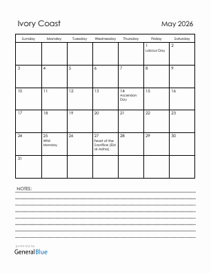 Current month calendar with Ivory Coast holidays for May 2026