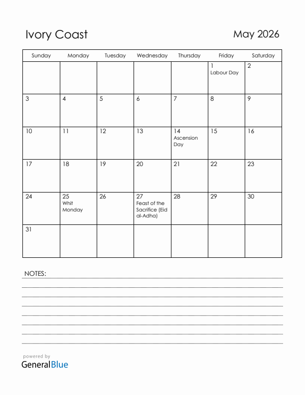 May 2026 Ivory Coast Calendar with Holidays (Sunday Start)