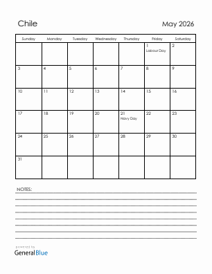 Current month calendar with Chile holidays for May 2026