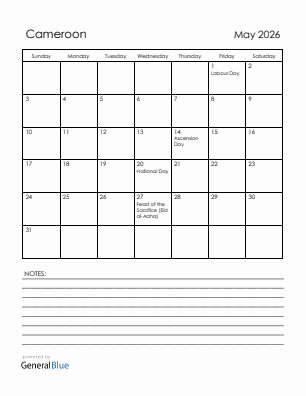 Current month calendar with Cameroon holidays for May 2026
