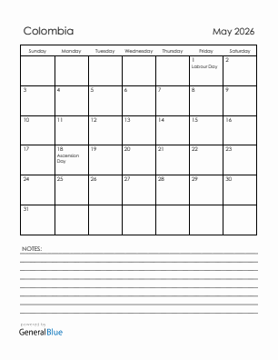 Current month calendar with Colombia holidays for May 2026