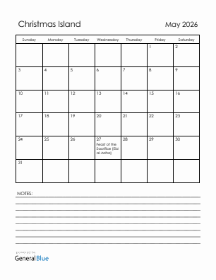 Current month calendar with Christmas Island holidays for May 2026