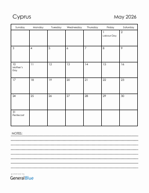 Current month calendar with Cyprus holidays for May 2026