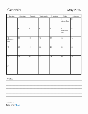 Current month calendar with Czechia holidays for May 2026