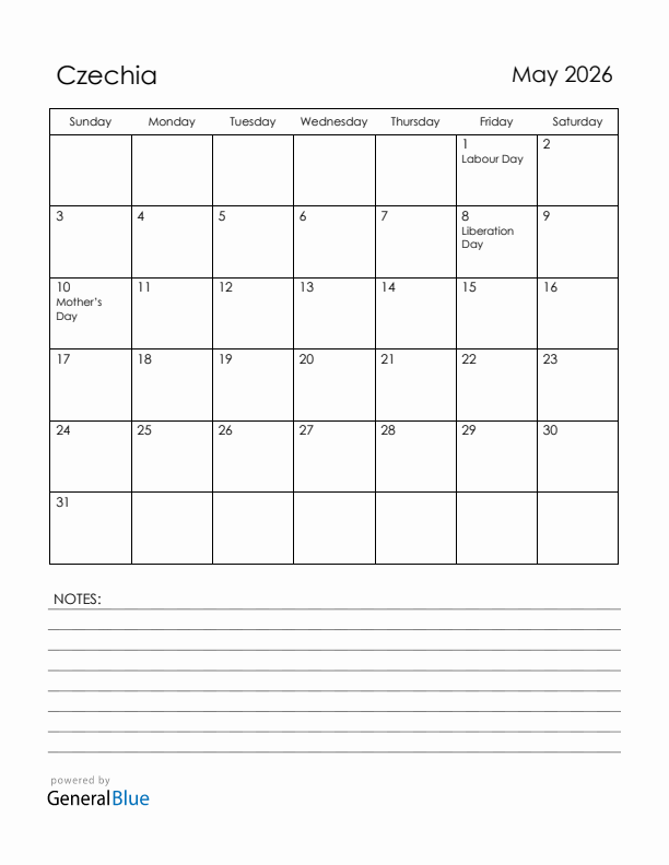 May 2026 Czechia Calendar with Holidays (Sunday Start)