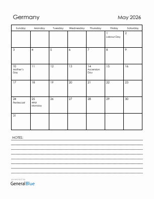 Current month calendar with Germany holidays for May 2026